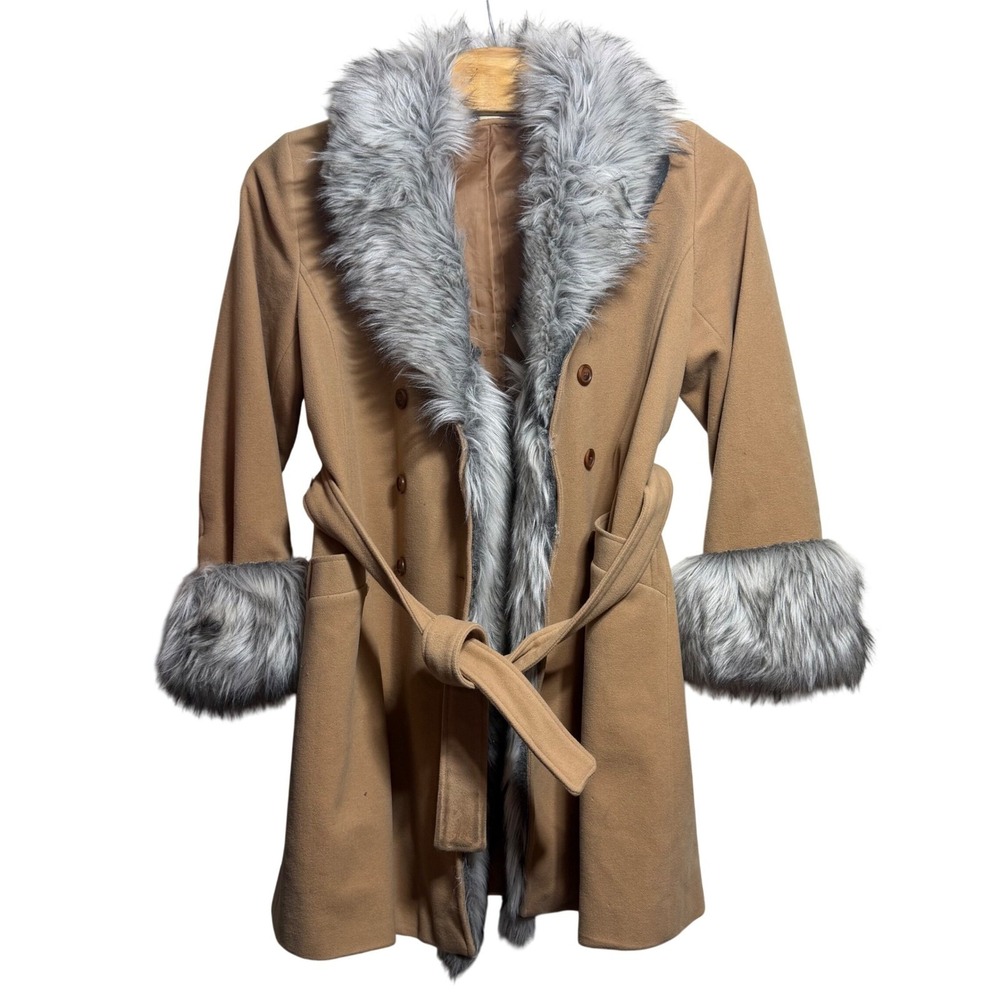Penny Lane Wool Cashmere Blend Faux Fur Trim Camel Trench Coat Size 16